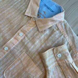 Tommy Bahama Mens Large Orange White Striped Linen Cotton Long Sleeve Shirt L/G